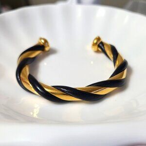 Vintage Luxury Hermes Torsade Gold Black Leather Twist Bangle Open Cuff Bracelet
